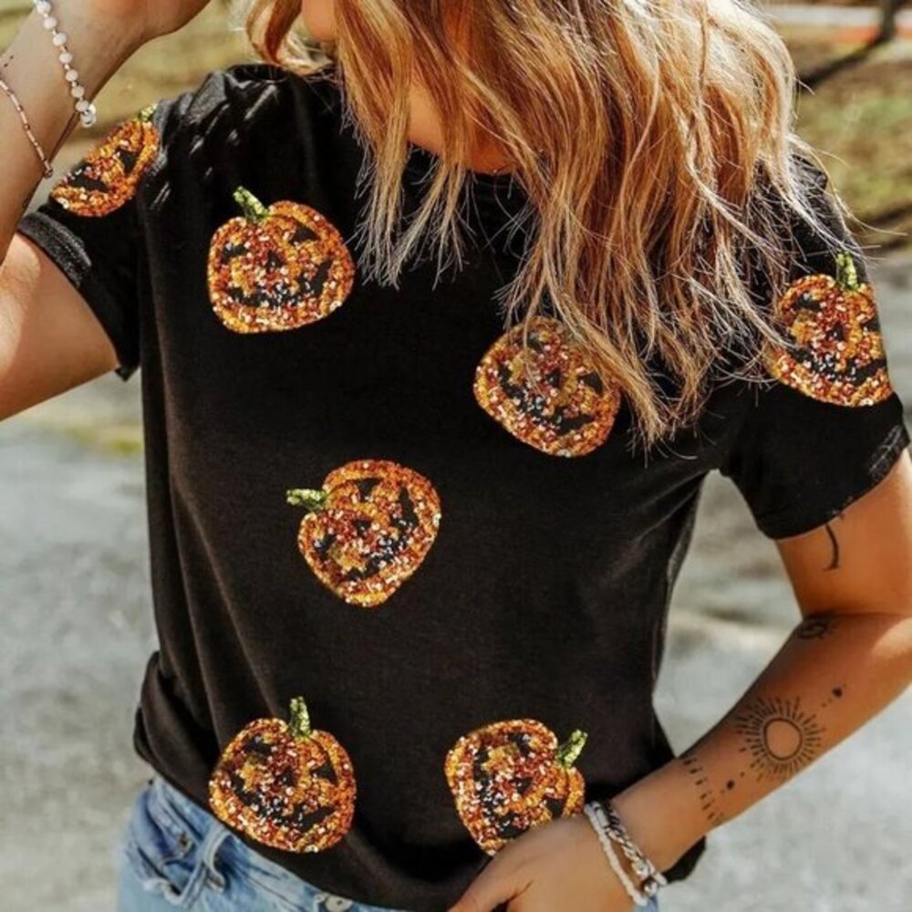 Sequin Pumpkin Round Neck Short Sleeve Fall T-Shirt